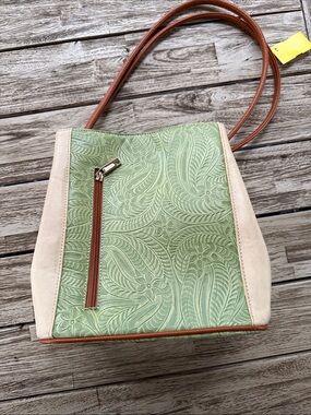 Green Embossed Handbag Cream Panels and Brown Trim - Samoe